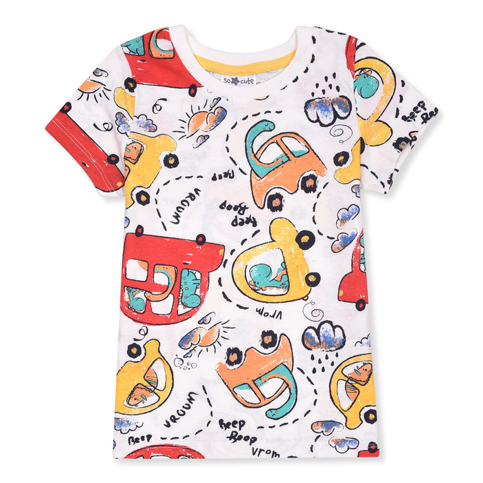 So Cute Boys Dino With Car Printed T-Shirt