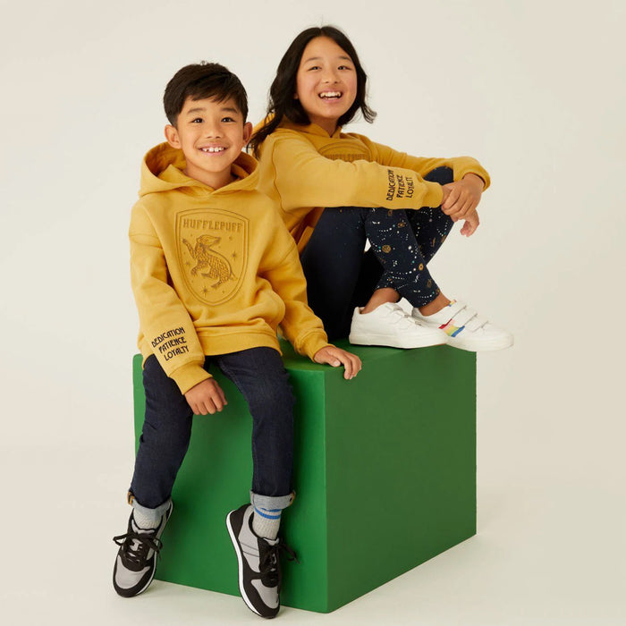 MS Mustered Hufflepuff Embossed Short-body Baggy Inner Fleece Hoodie