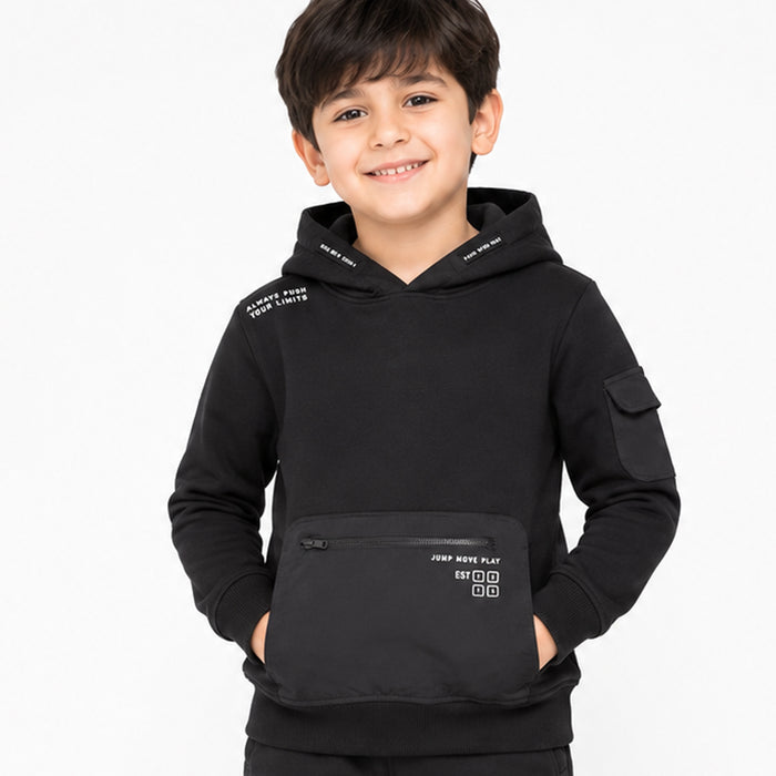 Boy Black Front Pocket Jump Move Play Hoodie