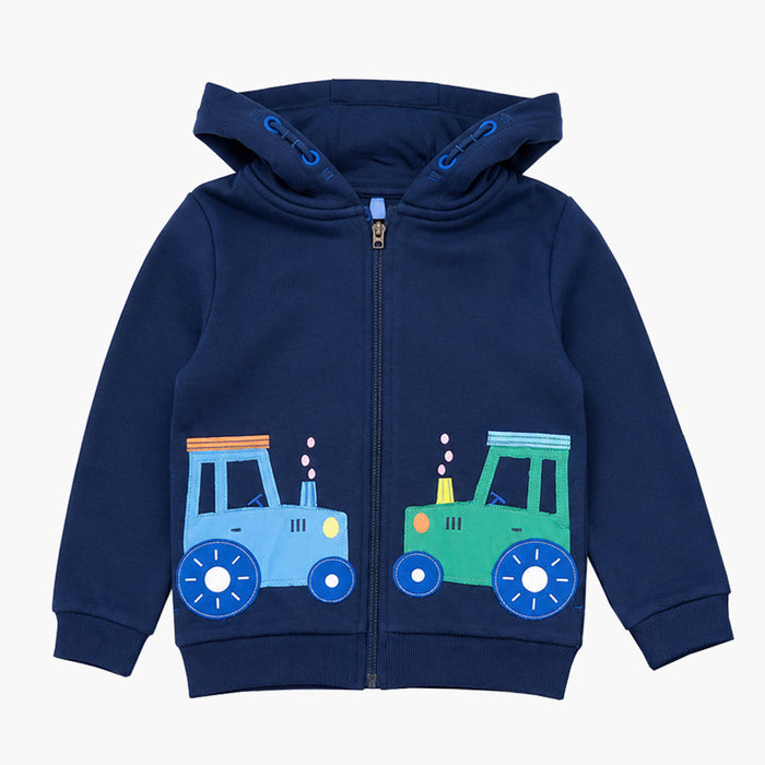 NUT MUG Boy Navy Blue Trackter Embroidered Hoodie