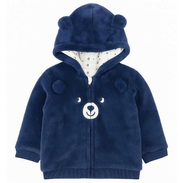 Boy Blue Bear Face Embroidery Fleece Hoodie