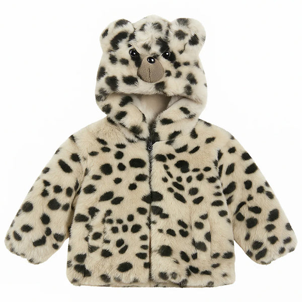 Soft Faux Fur Leopard Jacket for Babies with 3D Bear Face Hood