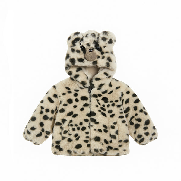 Soft Faux Fur Leopard Jacket for Babies with 3D Bear Face Hood