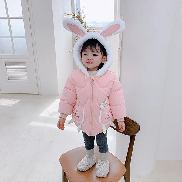 Girl Pink Back Cat Face Pocket With Bow Inner Warm Fleece Jacket