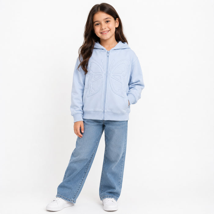 Girl Sky Blue Butterfly Patch Work Down Shoulder Baggy Hoodie