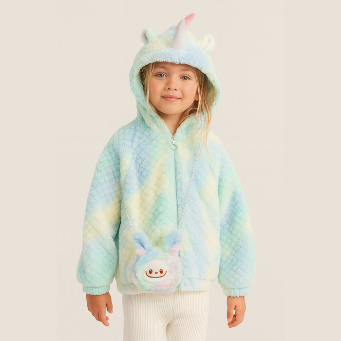 Girl Sea Green Multi Jacket With Bag