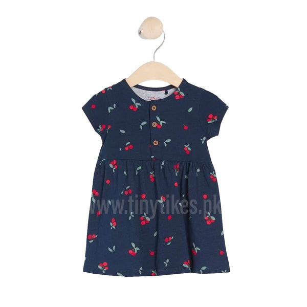 LDX Half Sleaves Girl Frock Navy Blue Color Fruit Print - TinyTikes.pk
