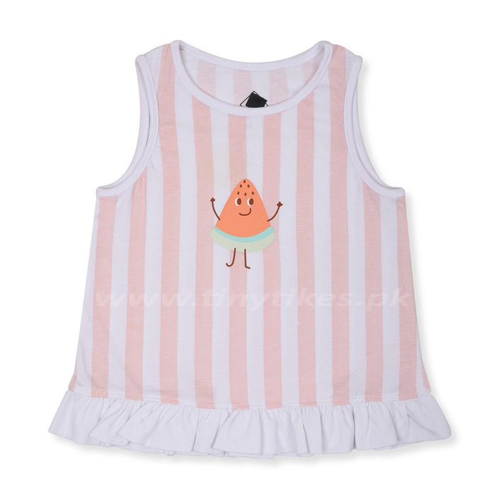 T E X Imported Sleeveless Pink White Lining With Watermelon Top Frock - TinyTikes.pk
