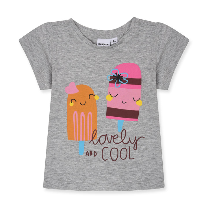 Imported Half Sleeves Soft Organic Cotton Jersey Grey With Ice Cream Printed T-Shirt - TinyTikes.pk