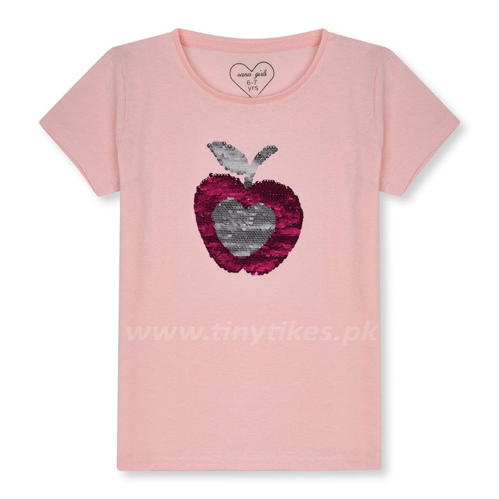Imported Short Sleeves Pink With Sequence Apple Top T-Shirt - TinyTikes.pk