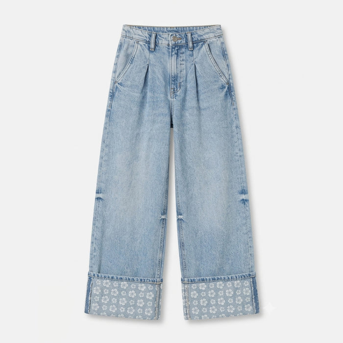 RO XY Girl Light-Wash Denim Floral On Bottom Wide Leg Pant