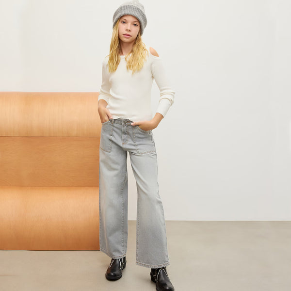 ECIN Girl Light Grey Stone On Pocket Wide Leg Pant