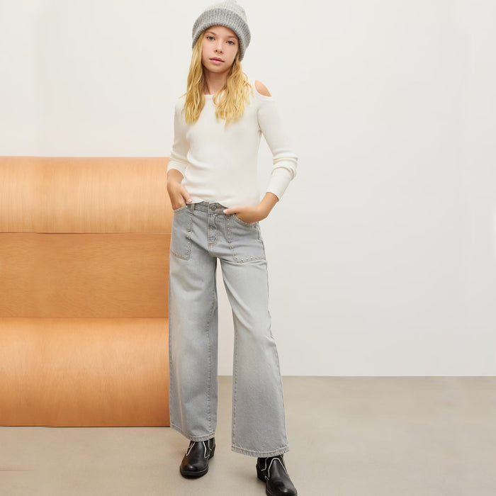 ECIN Girl Light Grey Stone On Pocket Wide Leg Pant