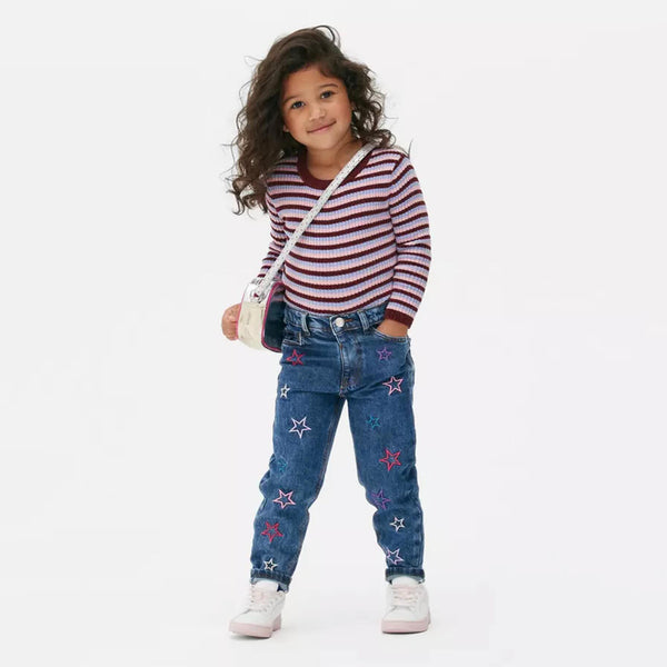 Girl Denim Blue Pant With Star Embroidery