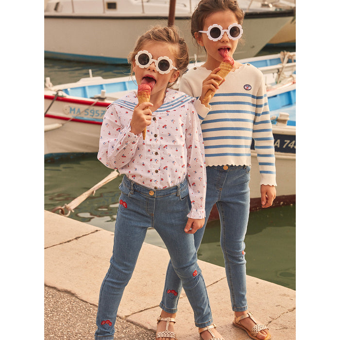 S M Girl Blue Pant With Flower Embroidery