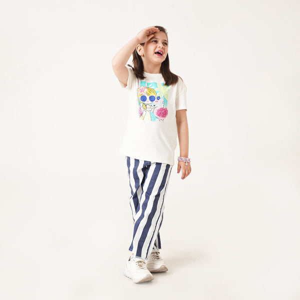 OM Girl White And Blue Lining Palazzo Pant