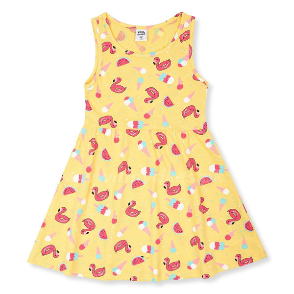 KIKI KOKO Sleeveless Jersey Cotton Yellow Flamingo Frock - TinyTikes.pk