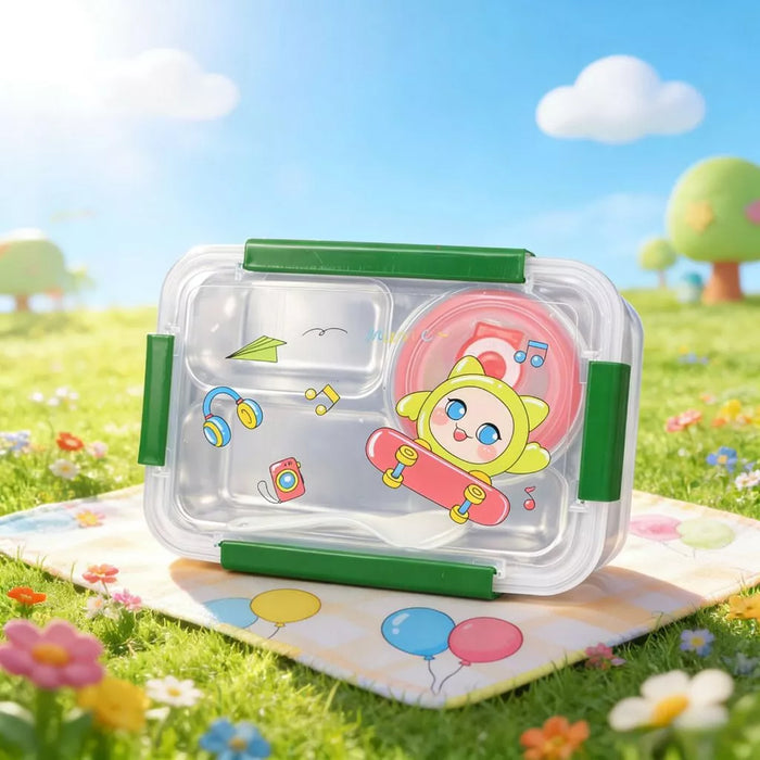 KIDS Cute Cartoon Printed Stainless Steel Lunch Box-3 Food Compartments