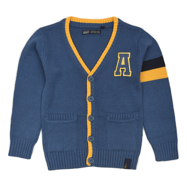 LB Boy  Blue with Yellow Strip Knitted A Patch Sweater - TinyTikes.pk