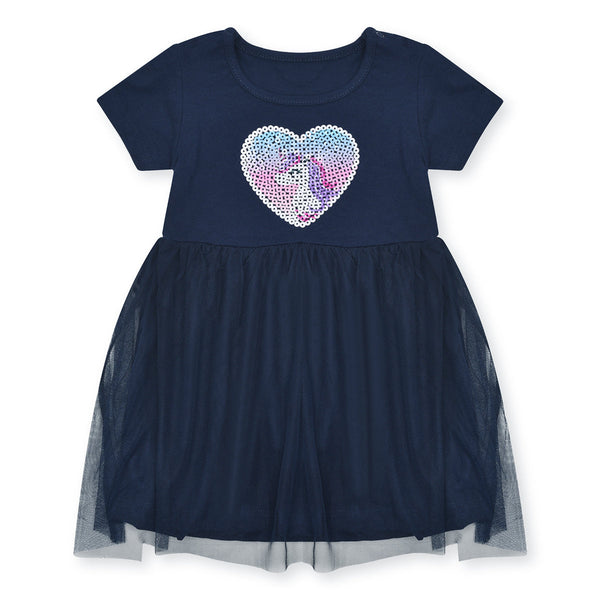 MN Girl Navy Blue Unicorn Heart Patch Frock With Net