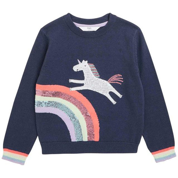 MS Girl Blue Rainbow Unicorn Short Body Sweater