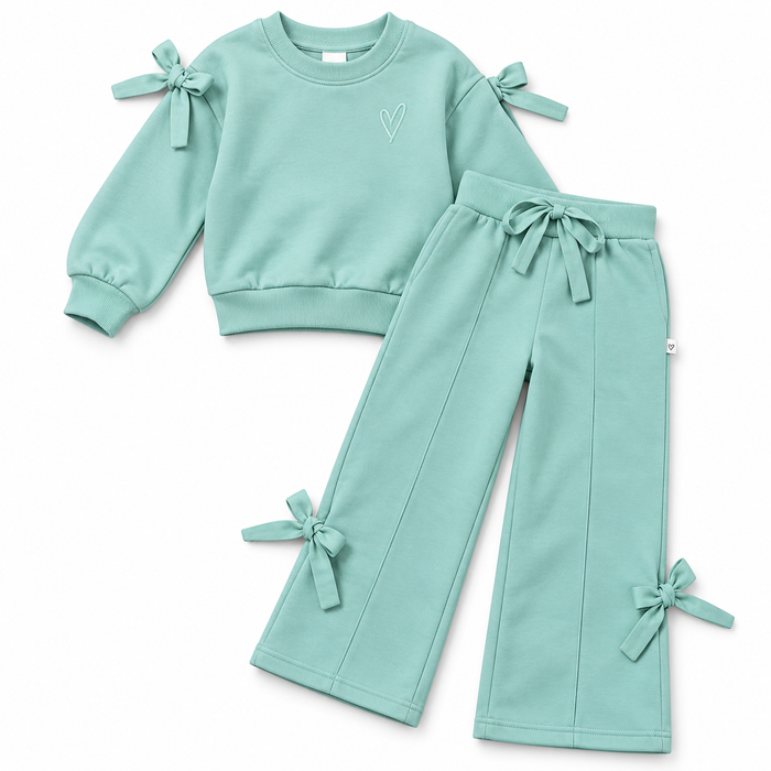 KIDS Girl Mint Green Bow Detaile Sweat Shirt & Wide Leg Trouser Two Piece Set