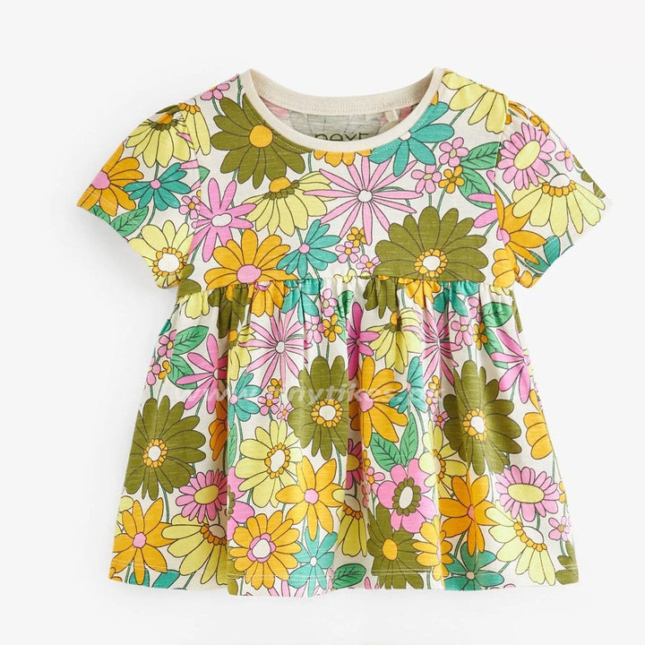 NXT Green & Pink Floral Short Sleeve Cotton Top - TinyTikes.pk
