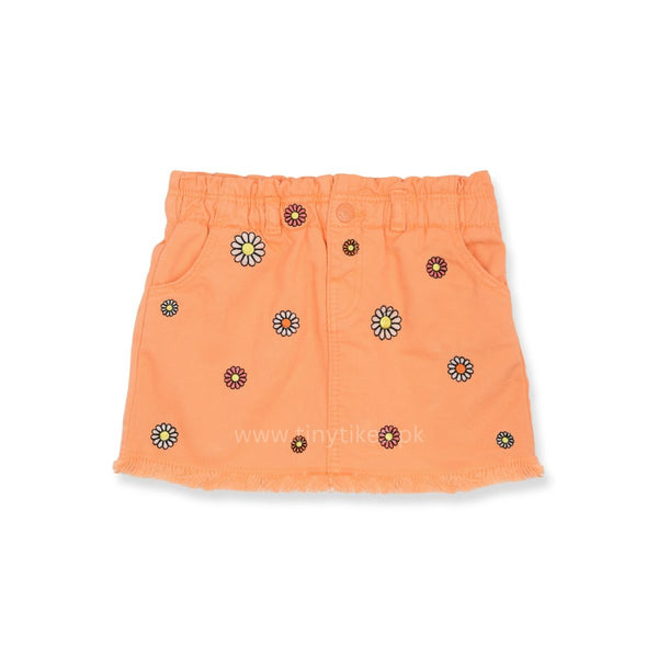 OM Denim Orange Skirt With Embroidered Floral - TinyTikes.pk