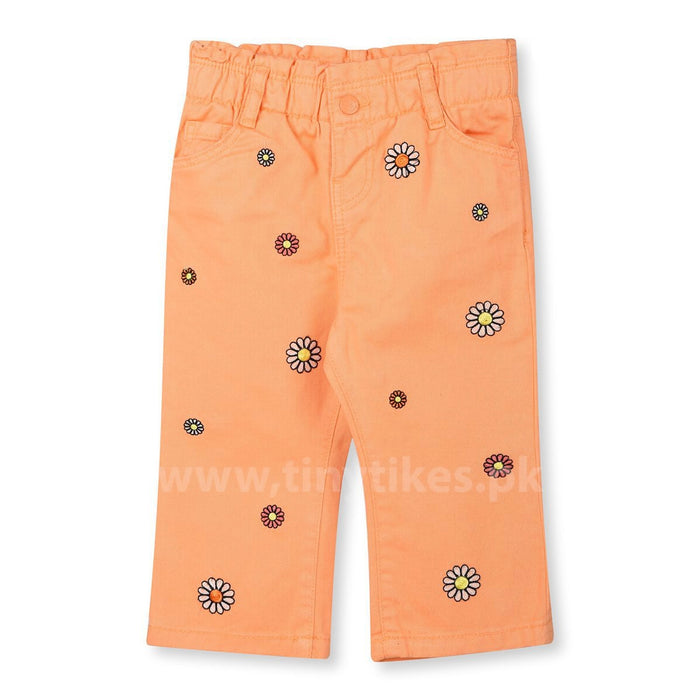 OM Orange Denim Pent For Girls Flower Embroidery - TinyTikes.pk