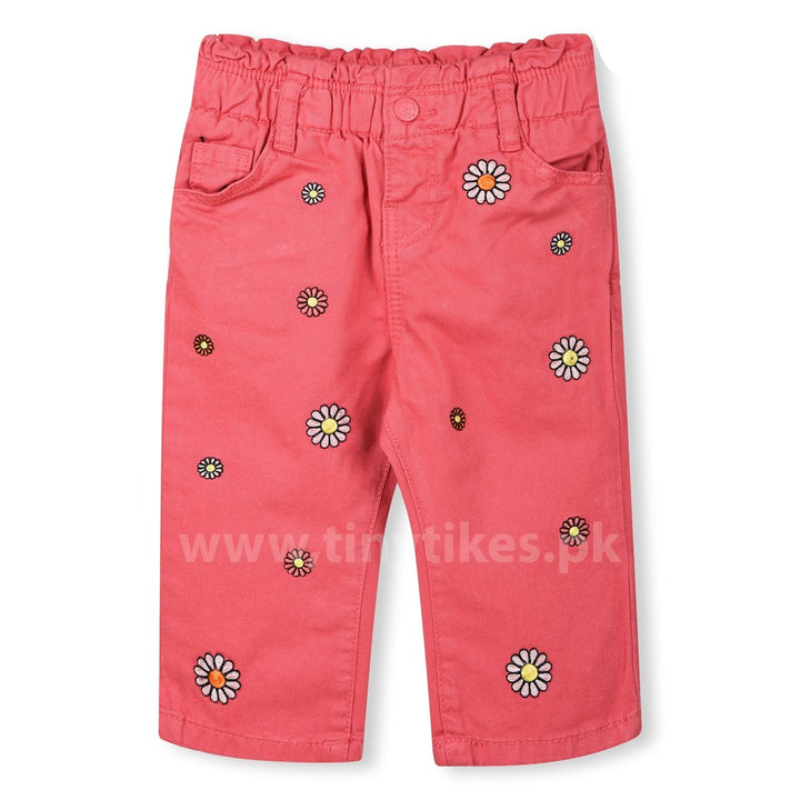 OM Pink Denim Pent For Girls Flower Embroidery - TinyTikes.pk