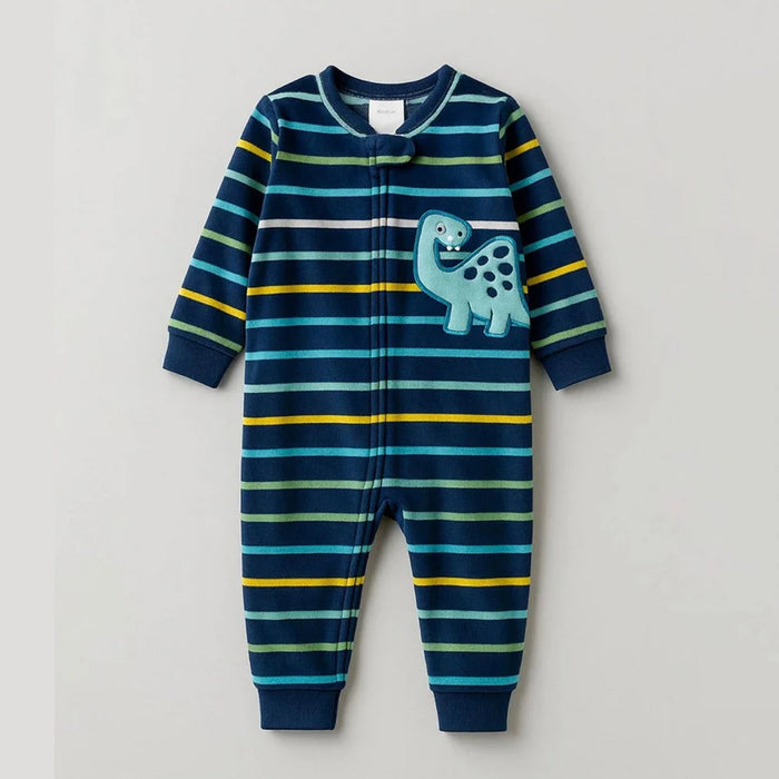 PNM Boy Blue Multi Lining Dino Embroidery Velvet Zipper Romper