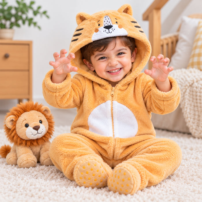 URB Uni Orange Tiger Hooded Fleece Romper