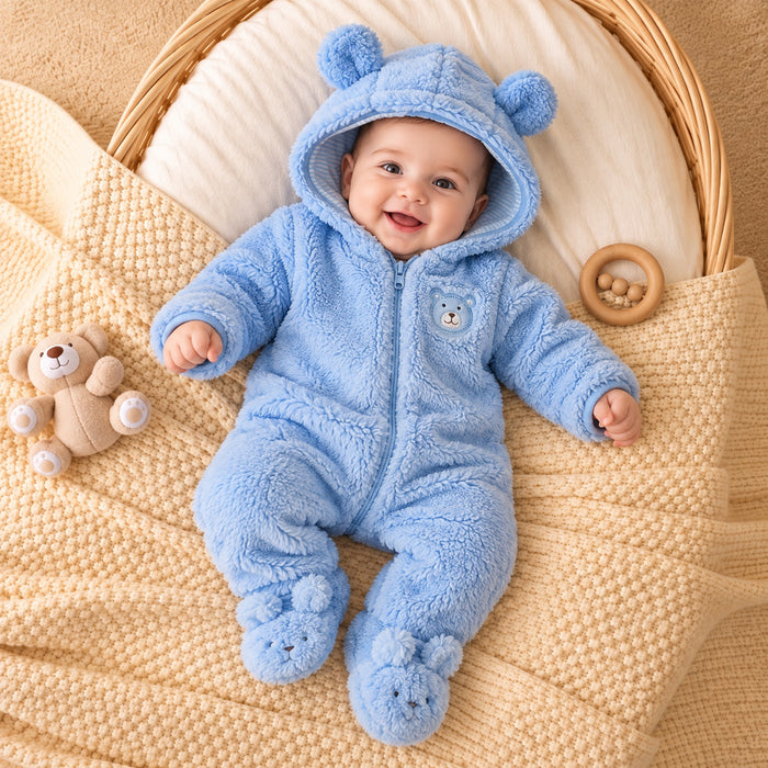 DSN Boy Blue Bear Applique On Chest Sherpa Zipper Romper