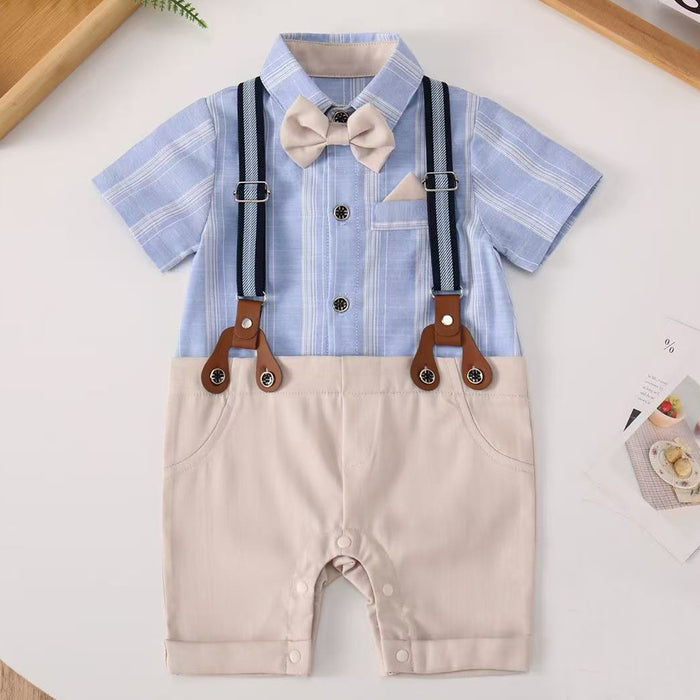 Baby Boys Blue Stripe Gentleman Romper with Bow Tie & Suspenders