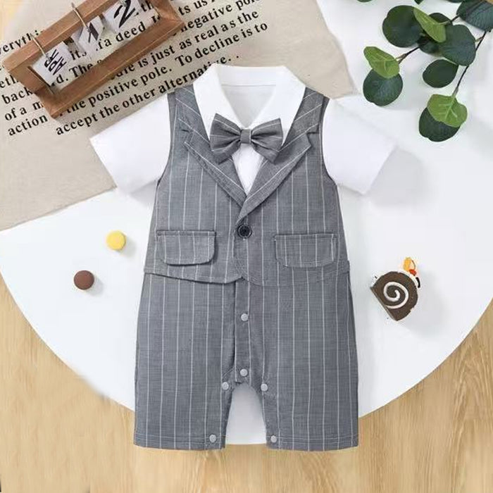 Baby Boys Grey Stripe Suit Romper with Bow Tie – Formal Party Outfit
