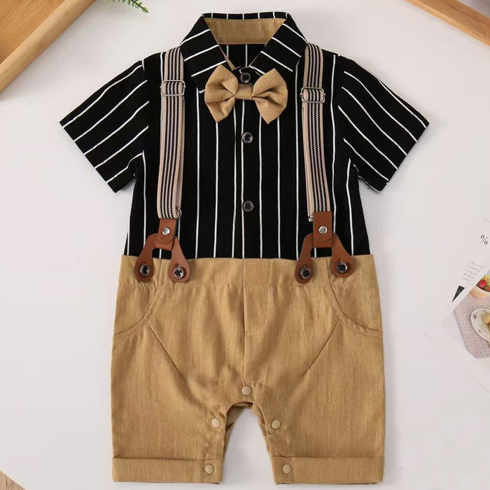 Baby Boys Striped Gentleman Romper Set with Bow Tie & Suspenders