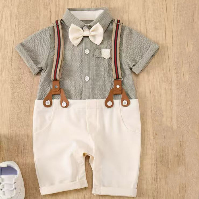 Baby Boy Gentleman Romper Set with Bow Tie & Suspenders – Grey & White Formal Outfit