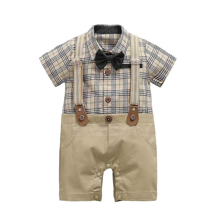 Baby Boys Plaid Bow Tie Suspender Romper Set - Beige & Black Formal Outfit