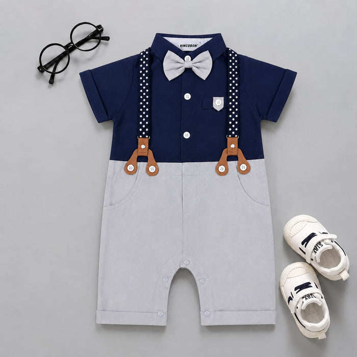Baby Boys Navy Blue Gentleman Romper with Bow Tie & Suspenders