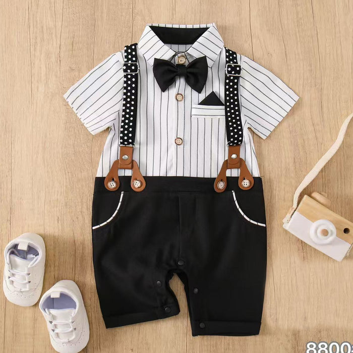 Baby Boys Black & White Stripe Romper with Bow Tie & Suspenders – Formal Party Outfit