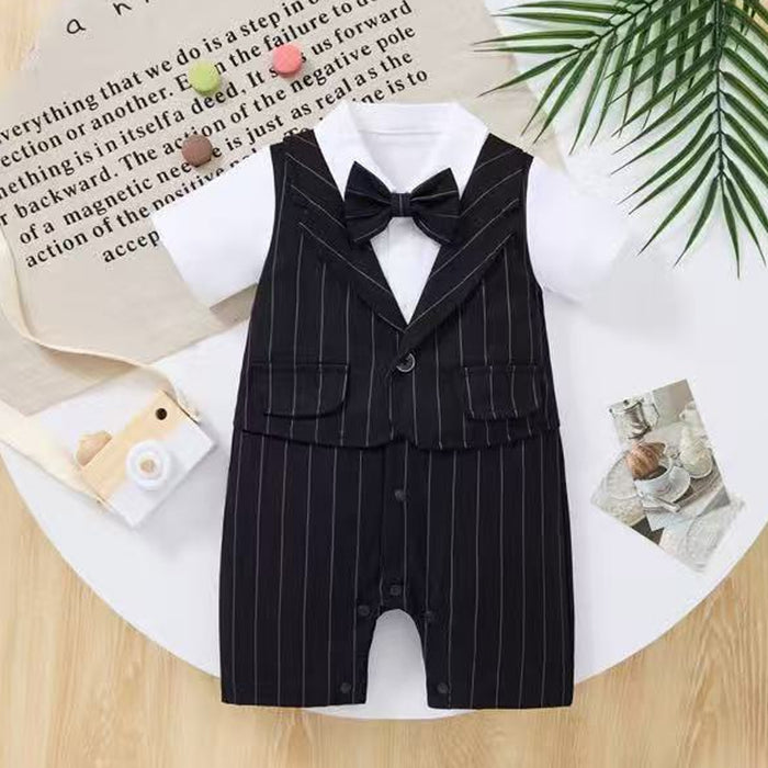 Baby Boys Black Stripe Suit Romper with Bow Tie – Formal Party Outfit