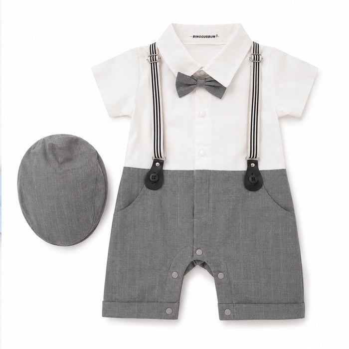 Little Gentleman Grey Suspender Romper Set With Cap