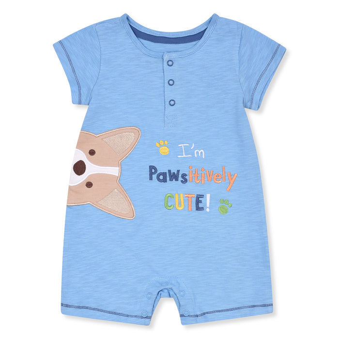 Boy Blue Romper Dog Face Embroidery