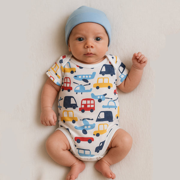 Boy White Vehicle Printed Romper