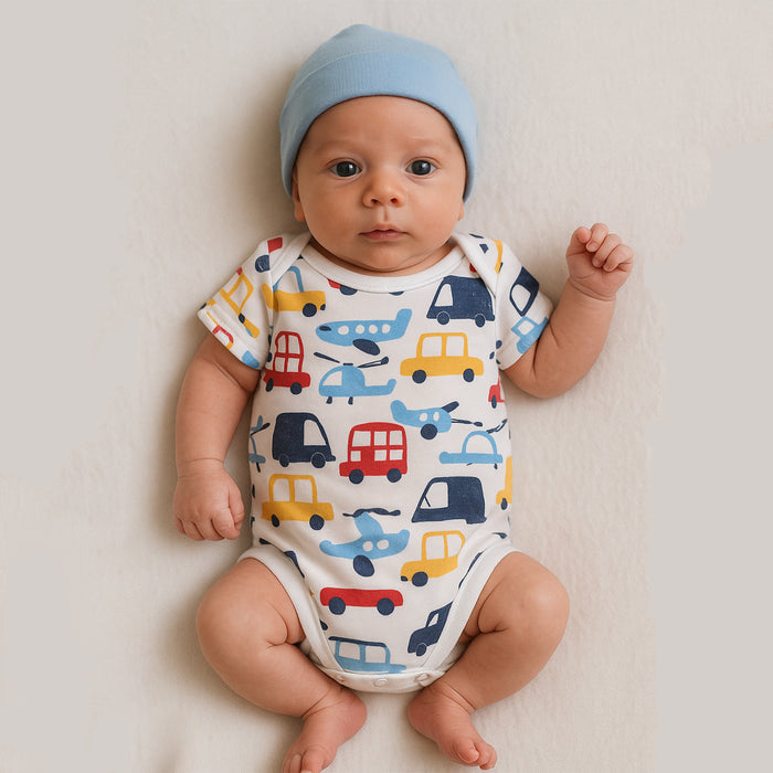 Boy White Vehicle Printed Romper