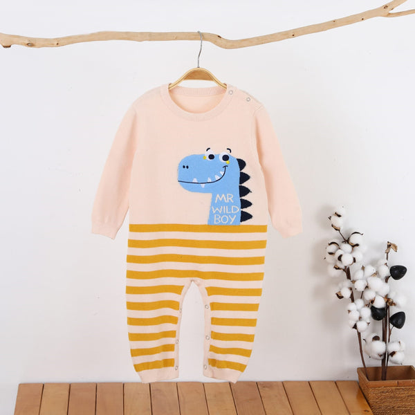 Boy Cream Color Dino Embroidery Full Body Romper Sweater Stuff