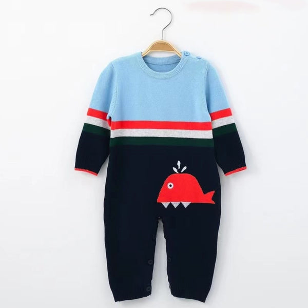 Boy Blue Color Whale Embroidery Full Body Romper