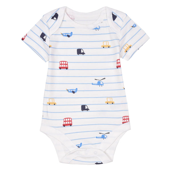 MN White Romper With Blue Lines And Different Vehicle Print