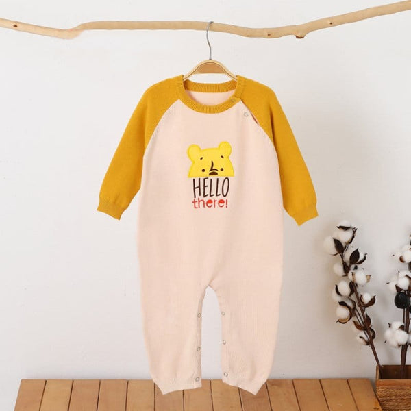 Boy Cream Color Pooh Character Face Design Full Body Romper Sweater Stuff