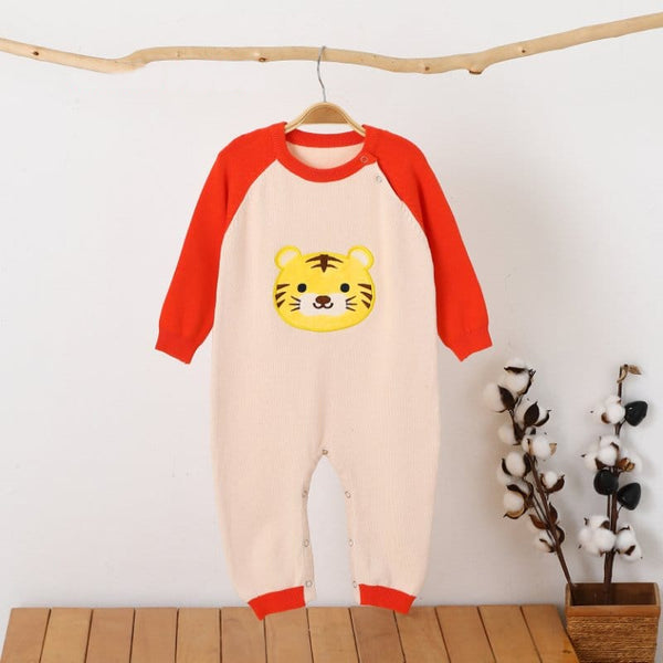 Boy Cream Color Lion Face Embroidery Full Body Romper Sweater Stuff